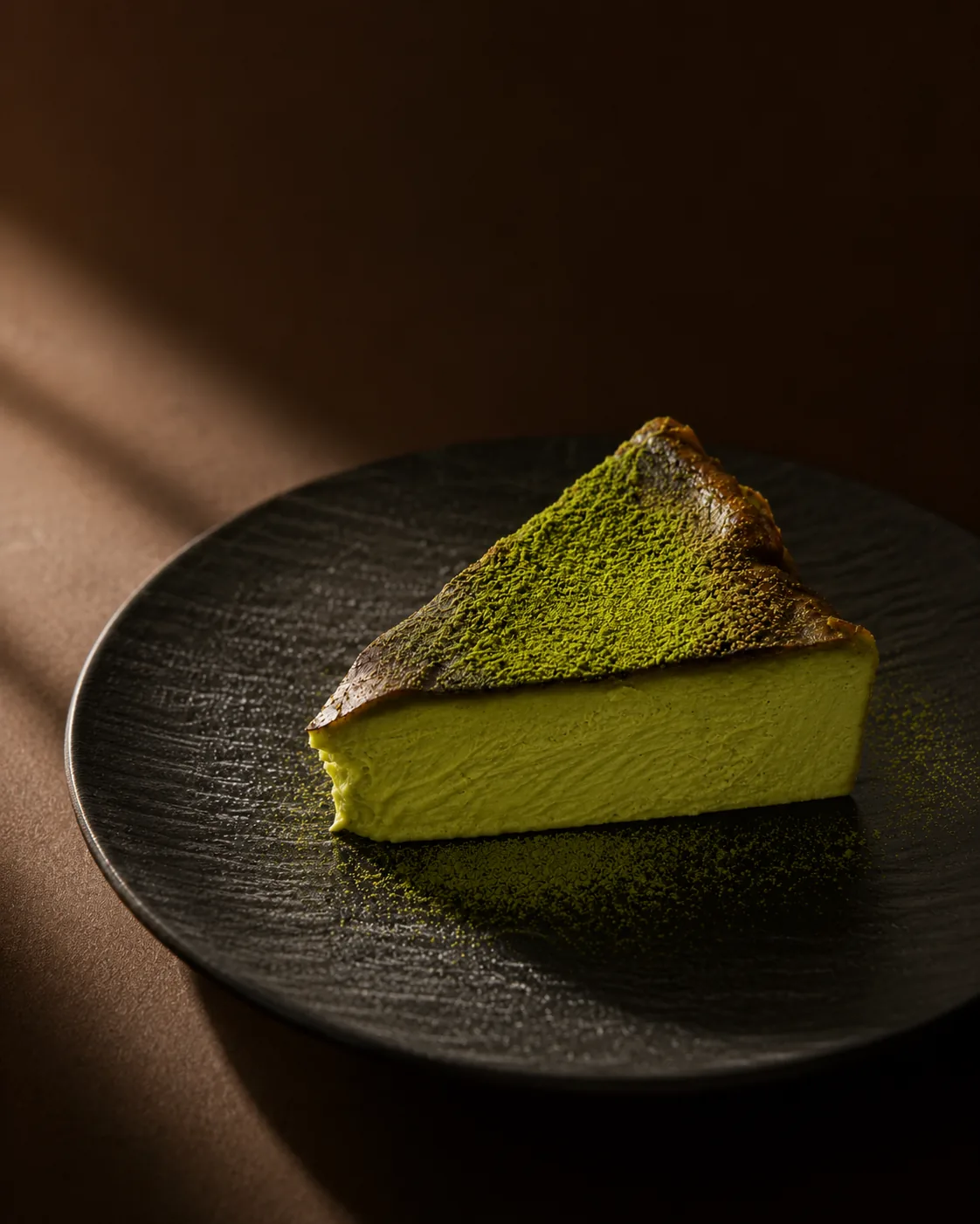 Matcha basque cheesecake slice