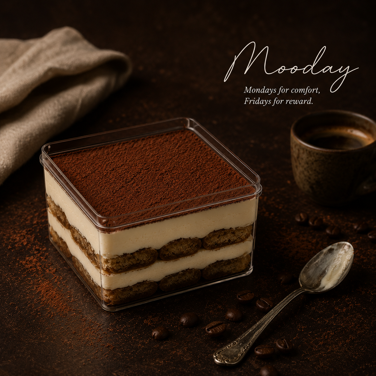 Mooday tiramisu in a square box